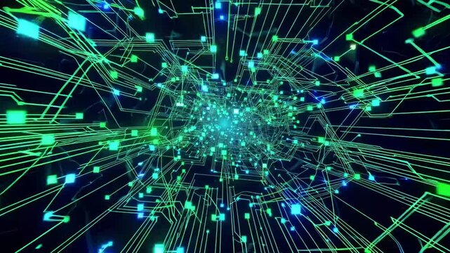 Four-K Digital Cyberspace Abstract Background with Particles and Digital Data Network Connections for High-Speed Technology Concepts