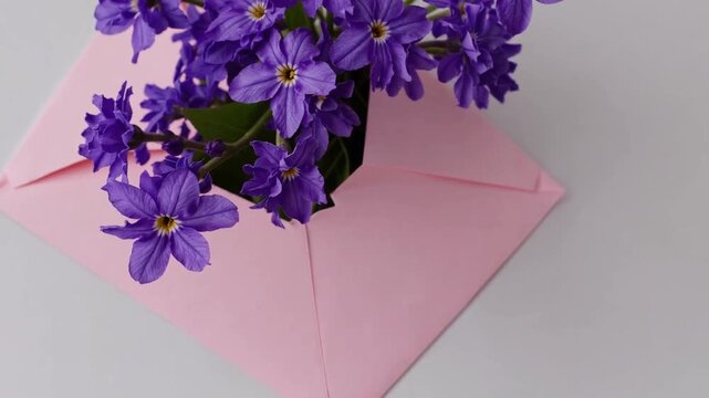 Flat Lay Composition of Spring Violet Flowers in Pink Envelope for Mother's Day