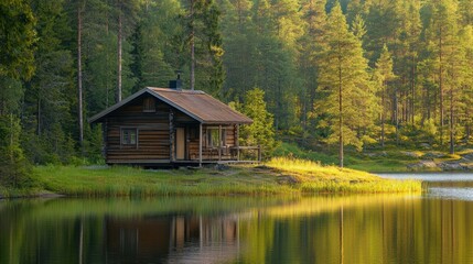 A serene wooden cabin by a calm lake, surrounded by lush green trees, reflecting nature's tranquility in a peaceful landscape.
