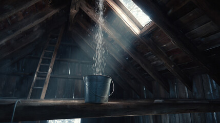 leaky roof causing steady drip through cracked ceiling plaster into metal bucket dust motes in sunbeam rustic interior illustration concept scene visual for commercial design use detail quality stock