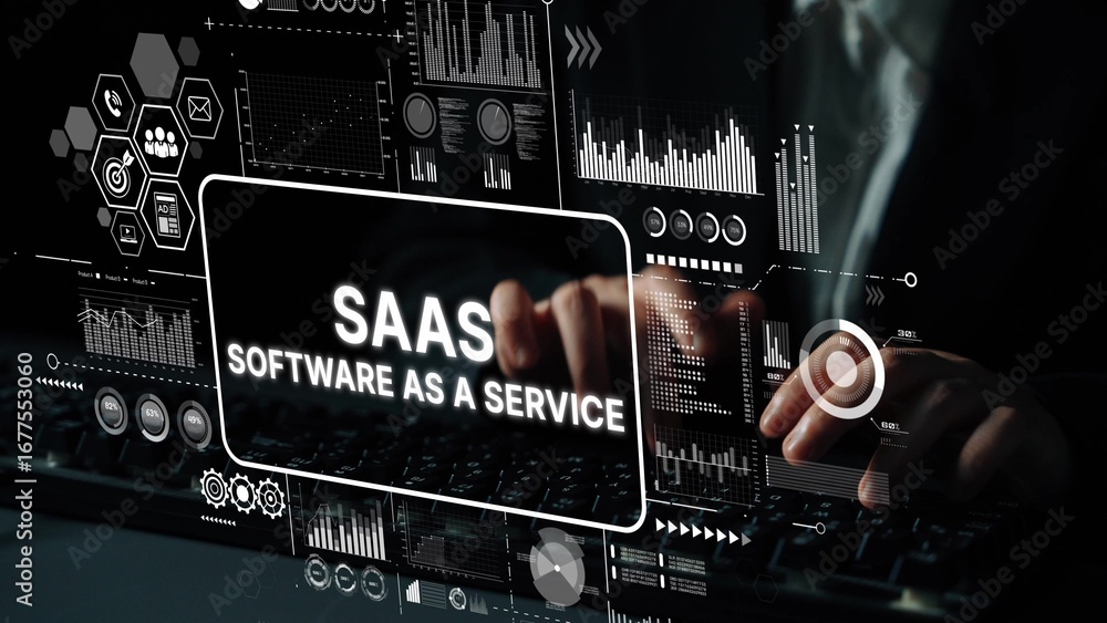 Poster businessman using innovative software as a service technology at work with data visualization and an