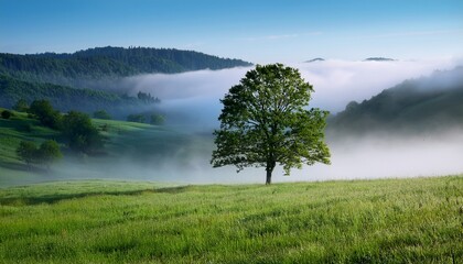 a solitary tree stands in a misty landscape surrounded by lush green grass and fog