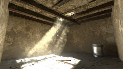 leaky roof causing steady drip through cracked ceiling plaster into metal bucket dust motes in sunbeam rustic interior illustration concept scene visual for commercial design use detail quality stock
