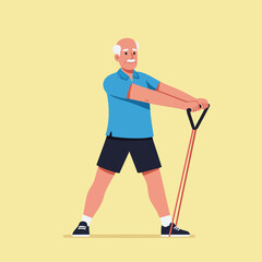 Fototapeta premium Elderly man exercising with resistance band in blue shirt and black shorts vector illustration for healthy lifestyle and fitness activities 
