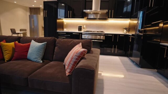 cozy living room that opens up to small kitchen, featuring brown couch and black and gold furniture accents
