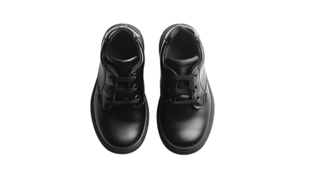 Illustration of top view of black leather school shoes isolated on transparent background, showcasing a classic and durable design, perfect for everyday wear and formal occasions for boys