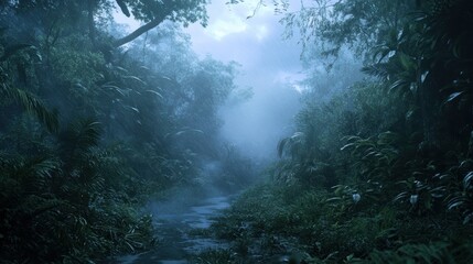 A misty jungle scene with dense foliage and a winding stream, evoking tranquility and the beauty of nature.