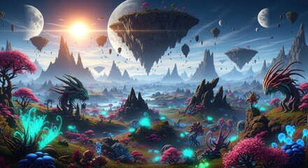 Explore vibrant alien landscape with floating islands, glowing flora, and fantasy creatures under multiple moons