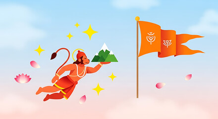Hanuman carrying the mountain with flag illustration for auspicious events