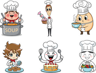 Cartoon chefs cooking food, baking desserts, holding soup, cookies, salad and cake, cute kitchen characters, happy culinary illustration set