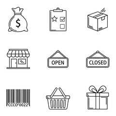 A collection of thin line icons representing e-commerce, online shopping, and retail business concepts