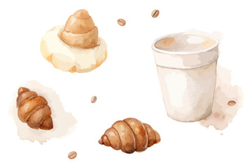 Watercolor Coffee Cup with Croissant and Coffee Beans Isolated on White