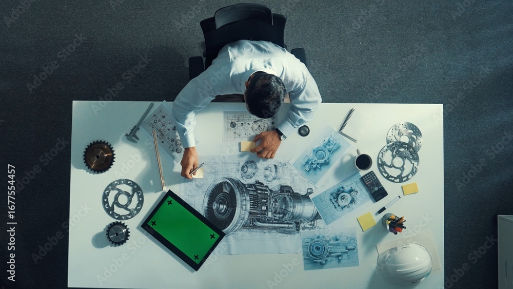 Poster top down view of skilled engineer writing and planning turbine engine design while sitting at meetin