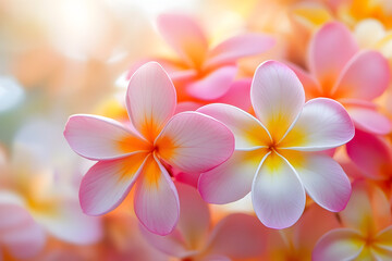 Naklejka premium Close-up of plumeria flowers in pink and orange hues