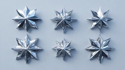 Shiny chrome silver metallic stars arranged on a clean white background, perfect for festive, decorative, or design use.