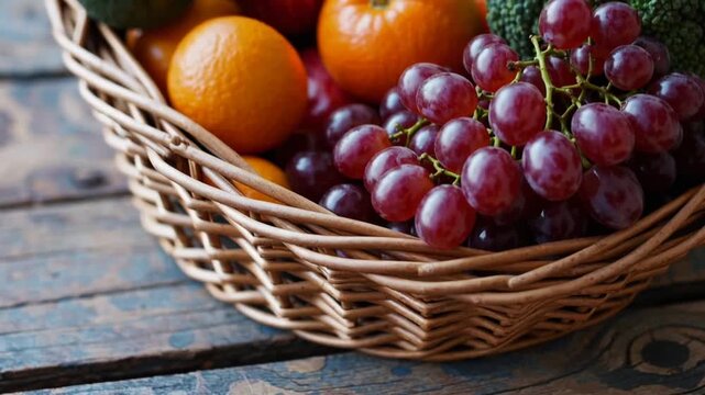 wicker basket overflowing with healthy assortment of fresh organic fruits and vegetables