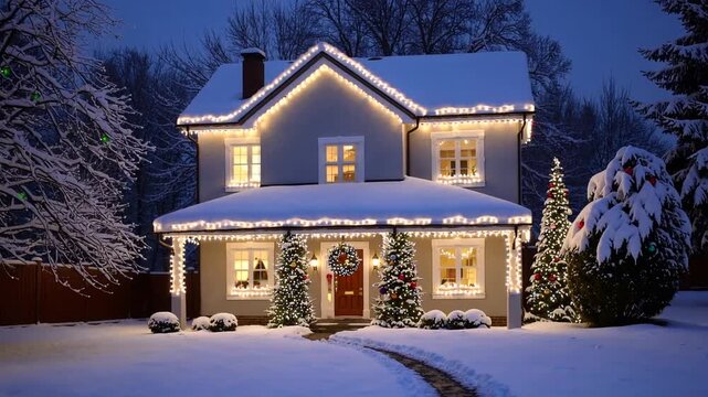 Family Residence Adorned with Festive Decorations for the Winter Holiday Season with Pristine Layer of Snow Front View of Home Decorated for Christmas and New Year Celebrations with Fresh Blanket of 