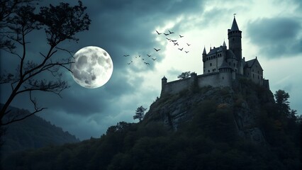 Gothic castle on hill at night with full moon and flying bats