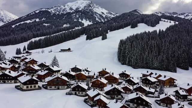 Aerial footage captured by drone of picturesque mountain village in Switzerland covered in snow
