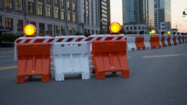 road closed sign accompanied by orange and white barricades with flashing lights blocking city street