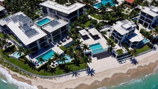 Aerial perspective of luxurious mansion residences situated on the beachfront in Fort Lauderdale, Florida, USA