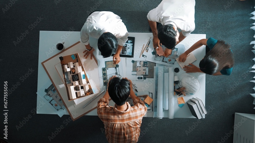 Poster top down view of smart architect engineer measure blueprint by using architectural equipment while g