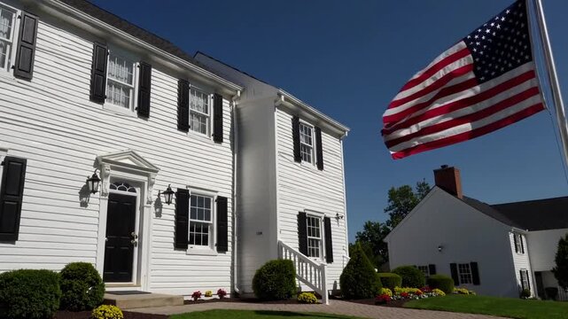 Contemporary customized New England style colonial residence featuring American flag displayed on sunny day house