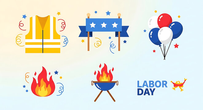 Festive Labor Day Celebration Elements with Patriotic Symbols and Activities