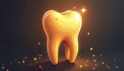 Golden tooth model with sparkles on dark background
