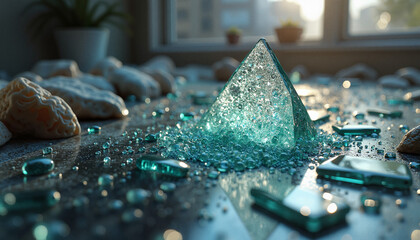 Glass pyramid with scattered gems on reflective surface
