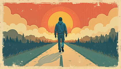 Person walking towards sunset on a scenic road
