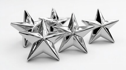 Shiny chrome silver metallic stars arranged on a clean white background, perfect for festive, decorative, or design use.