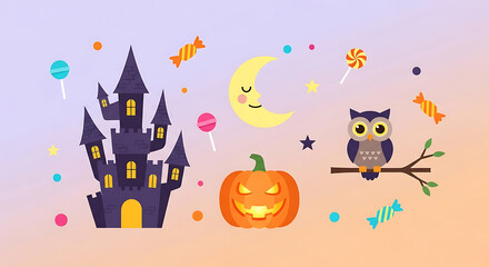 Festive halloween flat design featuring castle, owl, pumpkin and sweets
