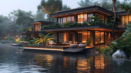 Modern riverside bamboo house Kerala style high resolution picture