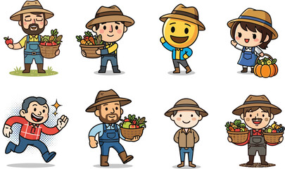 Cartoon farmers with vegetables, farming characters in hats, harvesting organic produce, happy agriculture workers, rural lifestyle, autumn harvest scene