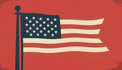 American flag waving against a red background  

