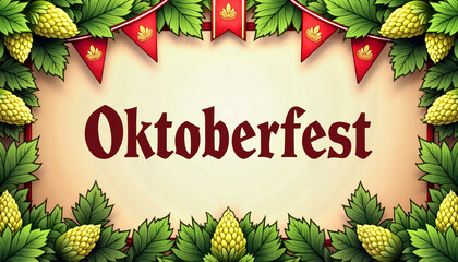Oktoberfest celebration banner with hops and greenery
