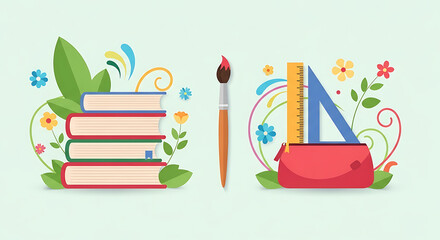 Whimsical back to school vector illustration with books, paintbrush, and ruler