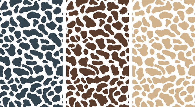 Seamless Animal Skin Pattern Set &ndash; Cow & Giraffe Style,
Set of Three Cow Print Seamless Patterns,Wildlife-Inspired Spot Textures &ndash; Vector Animal Patterns