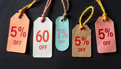 Discount tags with various percentages displayed on a black background

