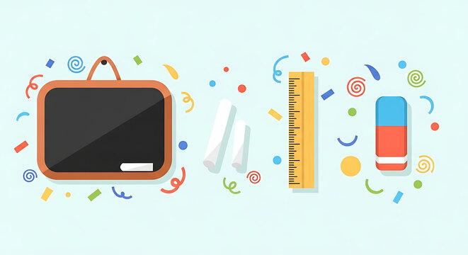Playful school arrangement with blackboard, chalk, ruler, and eraser - Powered by Adobe