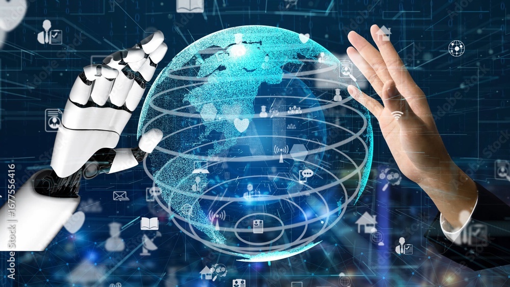 Poster a human hand and a robotic hand interact with a glowing digital globe, surrounded by technology icon