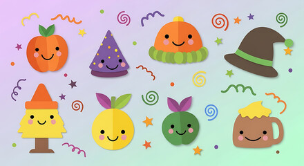 Playful Halloween-Themed Icons in a Flat Design with Cheerful Characters