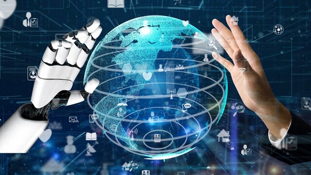 A human hand and a robotic hand interact with a glowing digital globe, surrounded by technology icons, symbolizing connection and innovation in a high-tech future. Xenic