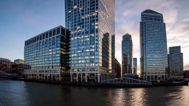 Skyline View of the Canary Wharf Business District Featuring Modern Skyscrapers and Financial Towers