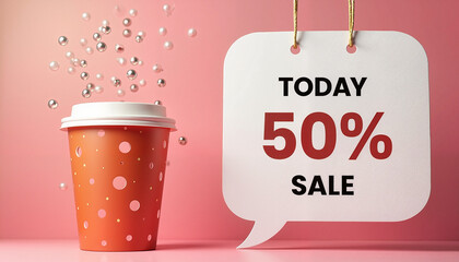 Coffee cup with sale sign and dynamic background
