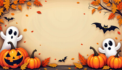Halloween-themed background with pumpkins and ghosts
