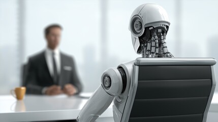 A human worker and an AI agent humanoid robot in an interview for a job at an office symbolizing AGI employment and business autonomy using ASI superintelligence during the singularity