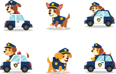 Cute cartoon police dog character in uniform driving patrol car, funny puppy officer illustration, law enforcement mascot design, animal security concept © Vector Sifat