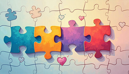 Colorful puzzle pieces with hearts on a light background
